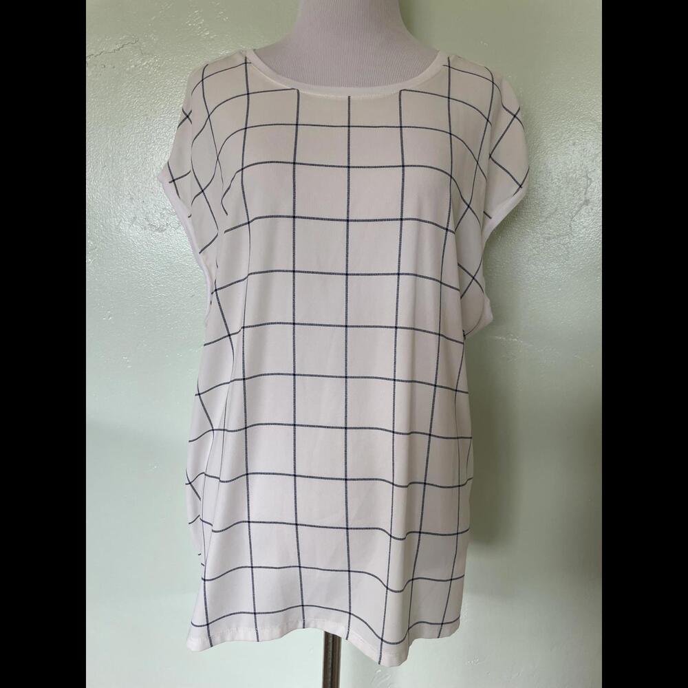 Ann Taylor LOFT White Navy Blue Windowpane Blouse Shirt Top Large L 20-0164